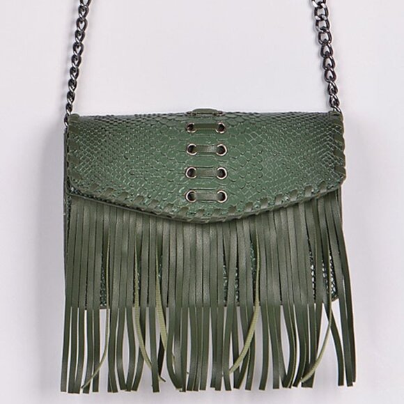 Animal Print Embossed W/ Fringe /Tassel Crossbody Bag - Boho Style - Green - NWT - Picture 1 of 11